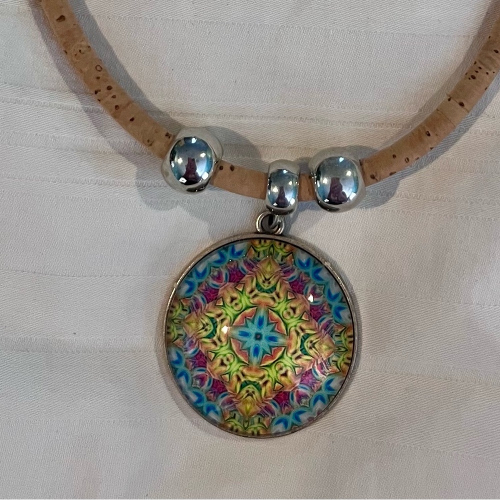 Natural cork necklace with multi color medallion